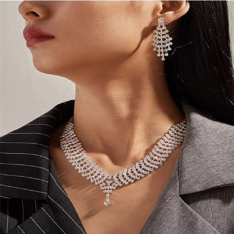 

Luxury large jewelry 2-piece set, Rhinestone Necklace, suitable for female bride party wedding accessories, Dubai, Saudi Arabia