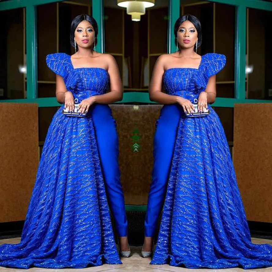 

Gorgeous Nigerian Lace Evening Dress for the Stylish Wedding Guest Royal Blue One Shoulder Jumpsuit Prom Gowns Robe De Soiree