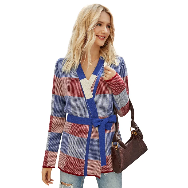 

Autumn Winter Fashion Knitted V Neck Sweater Patchwork Loose Women Cardigans