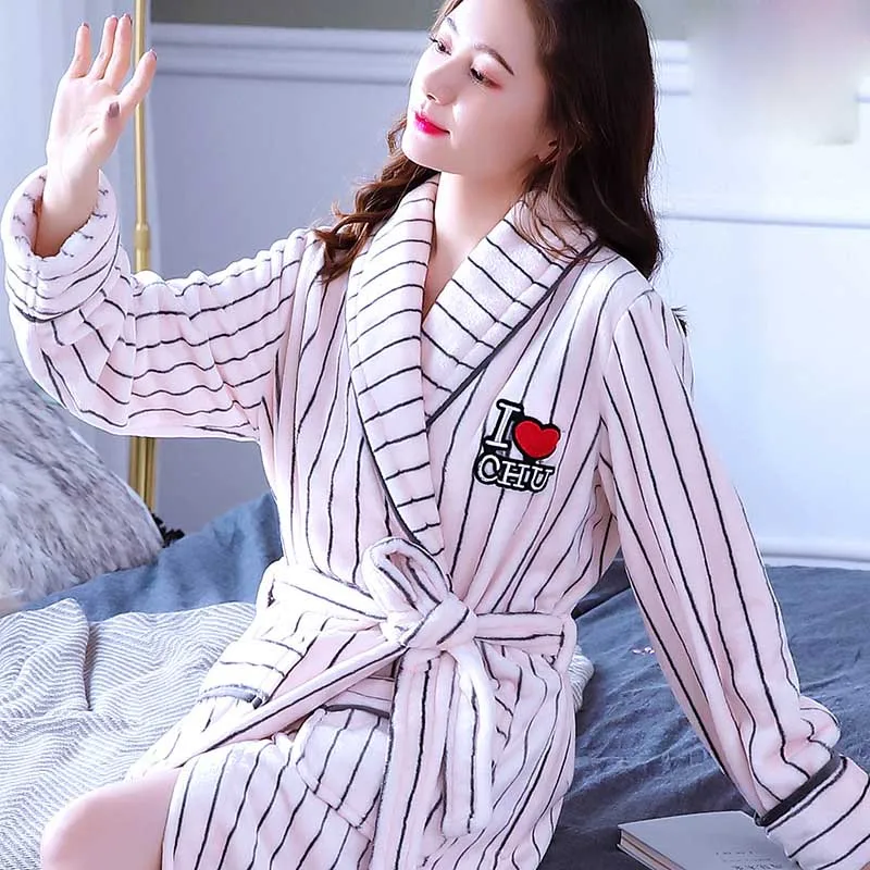 Женский зимний длинный фланелевый Халат кимоно для влюбленных теплый банный