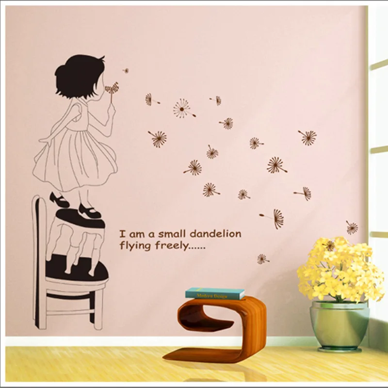 

Lovely Girl Blowing Dandelion Wall Stickers for Kids Room Children Bedroom Cup Bag Wall Decals Girl's Gift Poster Mural