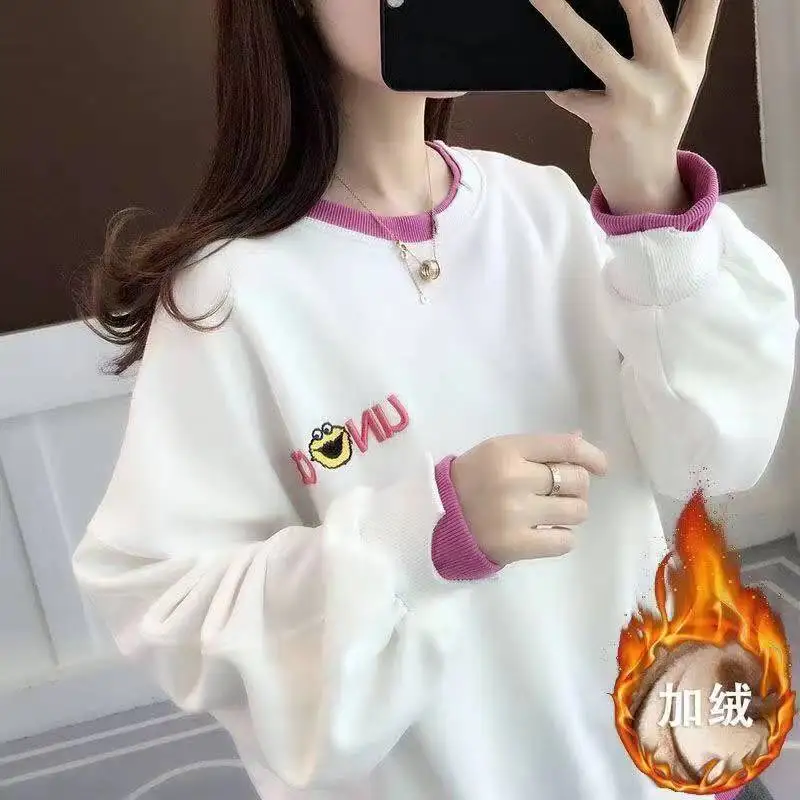 

Plus velvet padded sweater women loose Korean style autumn and winter lazy wind wild round neck fake two-piece jacket jacket tid