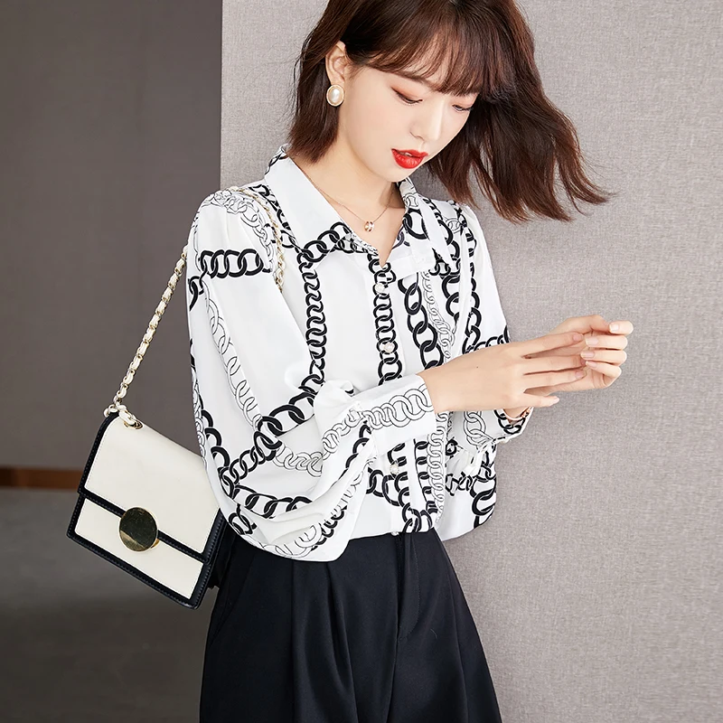 

Женская шифоновая рубашка с длинными рукавами-фонариками и отложным воротником