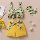 Летняя одежда для маленьких девочек 1, 2, 3, 4 лет, топ на бретельках с бантом в виде подсолнуха + шорты + повязка на голову, комплект из 3 предметов, детская одежда, одежда для девочек