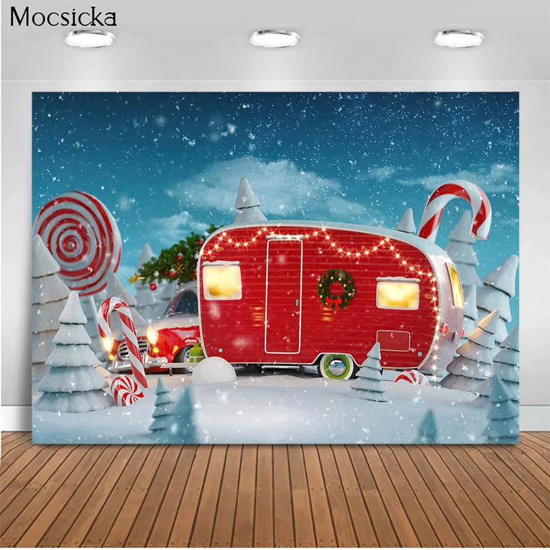 

Christmas Background Winter Christmas Tree Red Car Lollipop Decoration Style Child Portrait Photo Background Photography Studio