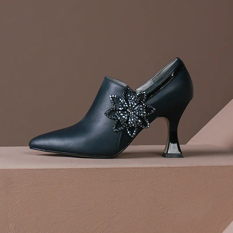 

Rhinestone Genuine Leather Pointed Toe Women Pumps Spring Summer Prom High Heeled Shoes Woman Sexy Female Pumps