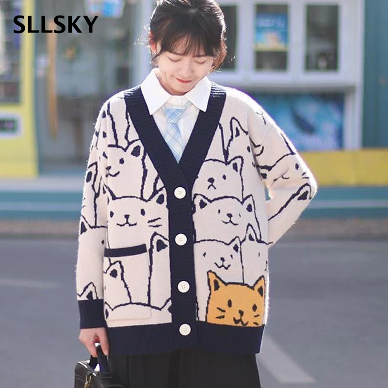 

SLLSKY Harajuku Knitted Cardigan Women Cartoon Cat Print Sweater Vintage V-Neck Single Breasted Loose Thick Streetwear Sweater