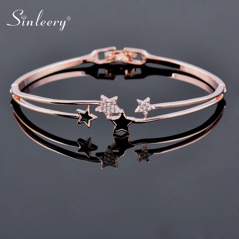 

SINLEERY Tiny Crystal Stars Hollow Bangle Cuff Women Luxury Crystal Bracelets Rose Gold Silver Color Fashion Jewelry SL072 SSP