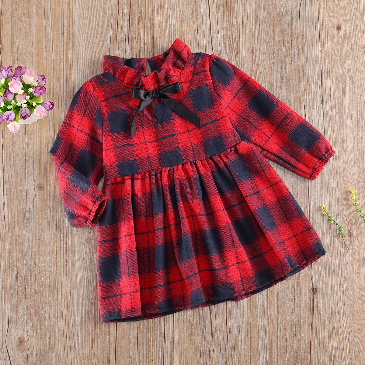 Christmas Baby Autumn Clothing Plaid Stand-Collar Long-Sleeves High-Waist Dress with Back Zipper for Little Girls 6 Months to 5Y |