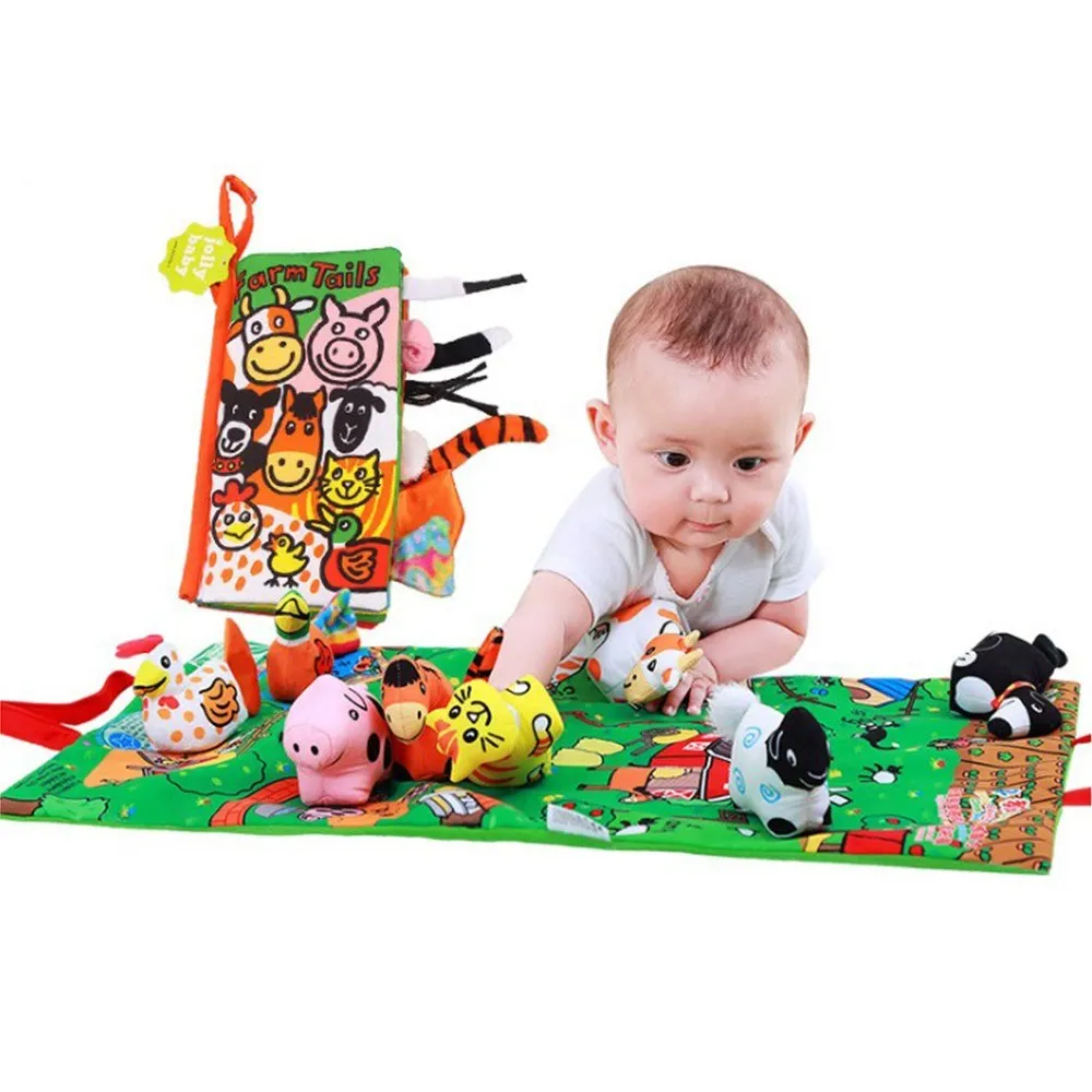 Животные хвосты тканевая книга + 8 погремушек игрушки игровой коврик детские