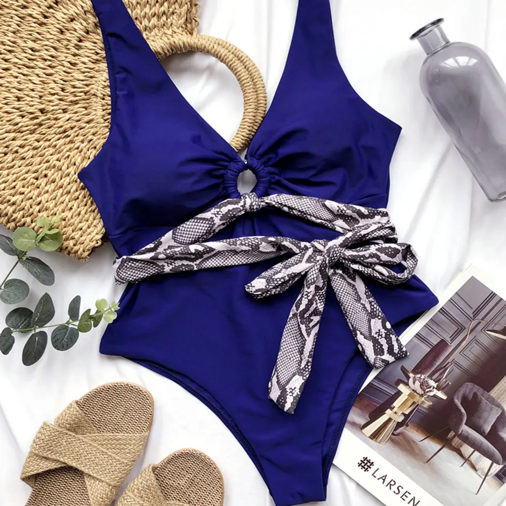 

Woman sexy one-piece tie solid color low-cut swimsuit hollow swimsuit beach bikini summer travel travel