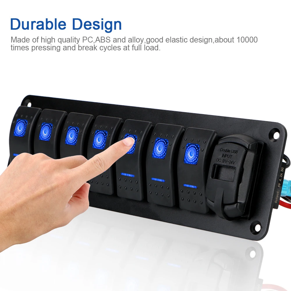 

Digital Voltmeter 7 Gang Rocker Switch Panel DC 12V/24V Car Truck Bus Ship Marine Circuit Breaker Dual USB Chargers