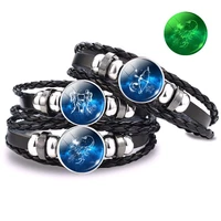 luminous punk bracelet 12 horoscope glass dome braided black leather woven bracelet aries leo virgo libra taurus cancer bracelet