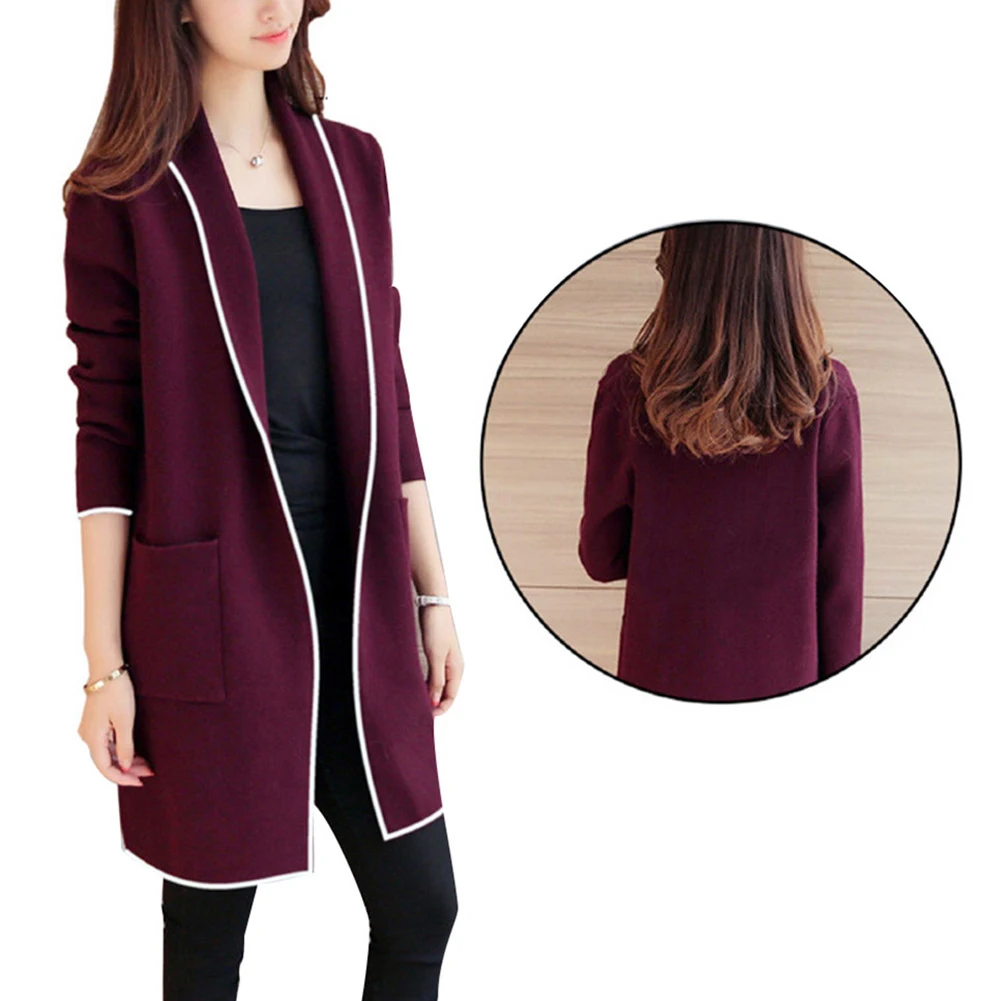 Зимний Однотонный женский теплый вязаный свитер с отворотом длинное пальто