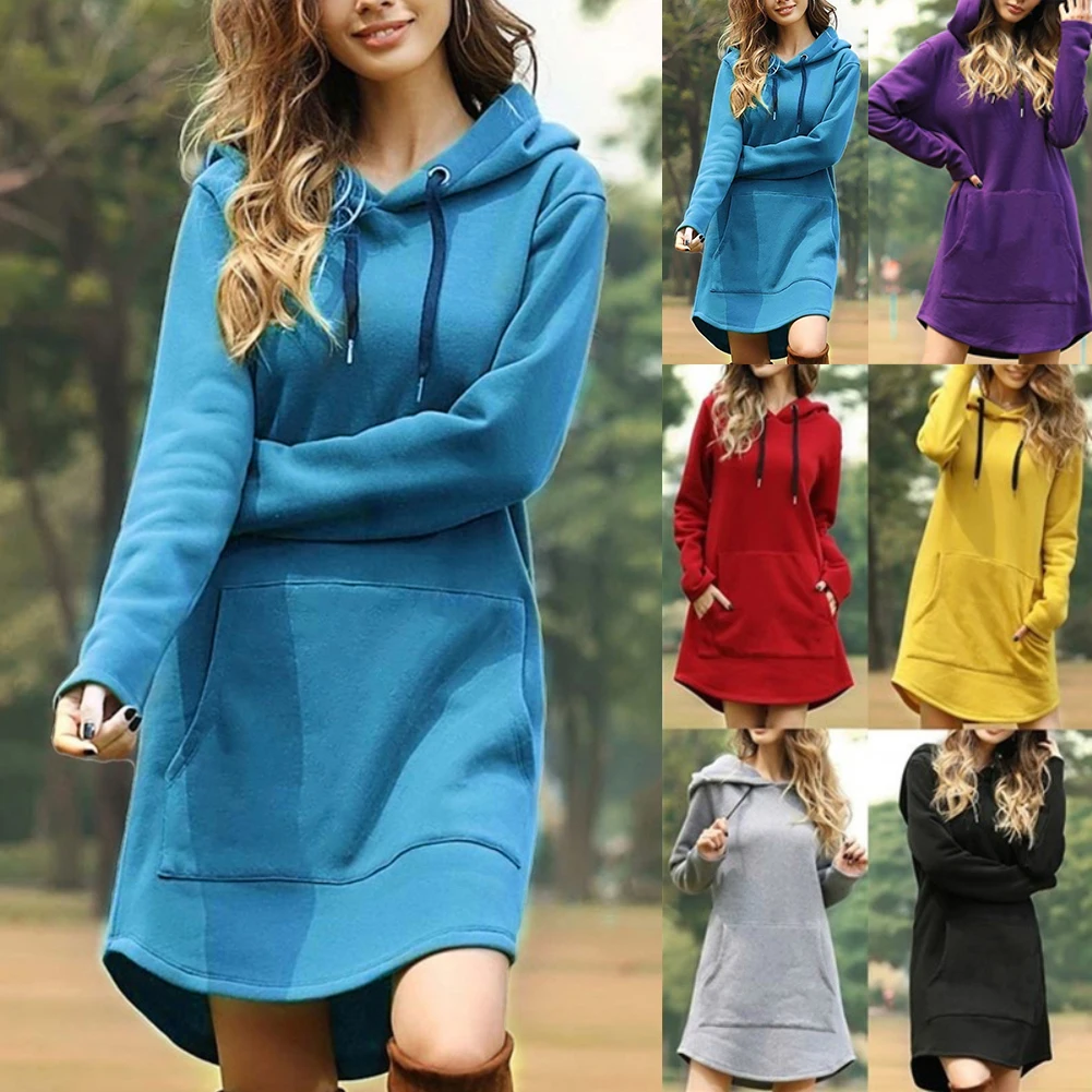 

Hooded Hoodies Dress Women Autumn Winter Sweatshirts Long Sleeve Hoodies Pockets Sweatshirt Hoody Pullovers Dress