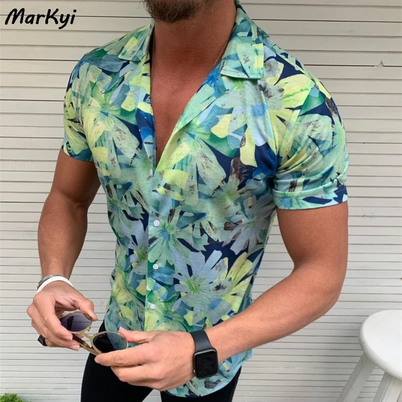 

MarKyi 2020 fashion summer floral print short sleeve casual shirts for men slim fit hawilan cotton mens dress shirts