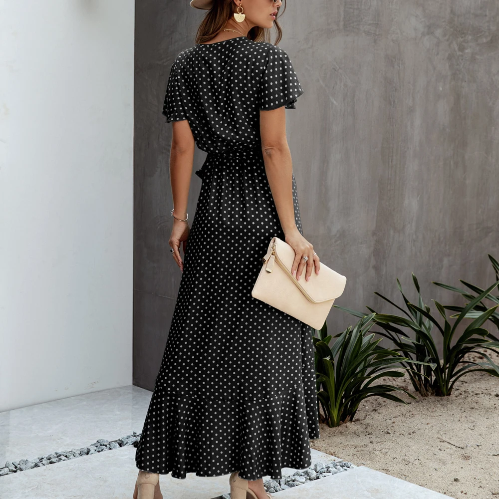 Винтажное длинное женское платье в горошек сексуальные короткие рукава с