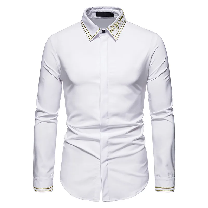 

PARKLEES 2021 Autumn Stylish Embroidery Formal Shirts for Men Bridegroom Wedding Slim Dress White Shirt Tuxedo Vintage Clothes