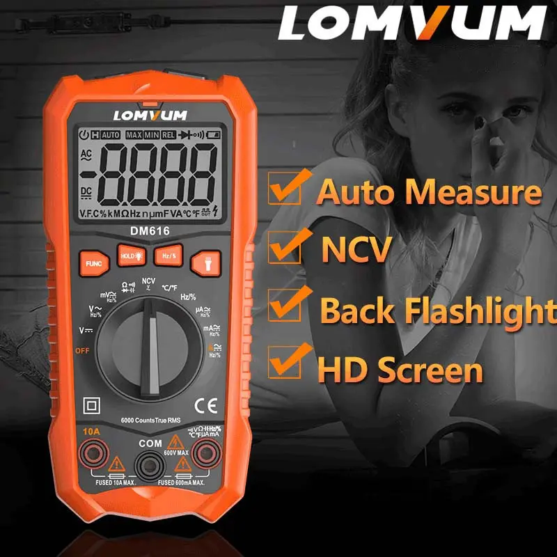 LOMVUM мультиметр DM616 NCV Цифровой мультиметр 6000 отсчетов Автоматический диапазон AC/DC измеритель напряжения вспышка светильник задний большой экран тестер