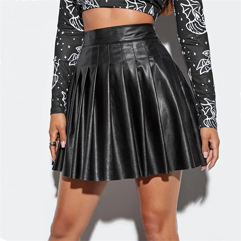 

hirigin Women Autumn Short Mini Pleated Skirts Autumn Street Style High Waist PU Leather Short Clubwear Party Skirts Solid Color