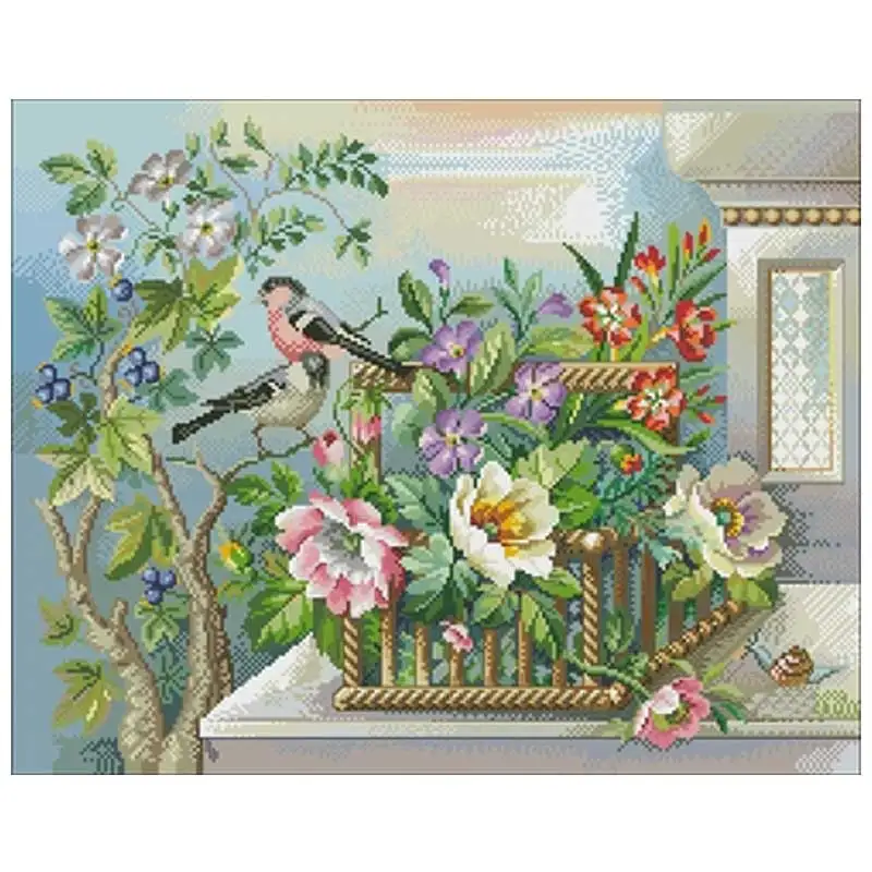 

14CT/18CT/25CT/22CT/16CT/28CT Birds and flowers on the balcony Counted Cross Stitch Kits Embroidery Needlework Set
