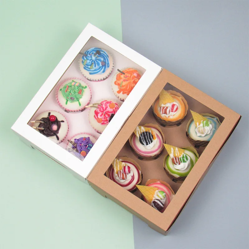 

10Pcs 2/4/6 Cavities Cupcake Boxes with Window Muffin Sweety Holder Dessert Containers Kraft Paper Packaging Cake Cookie Box