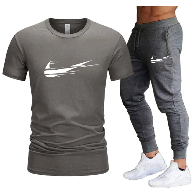 

2021 Hot Men's Sets T Shirts+pants Two Pieces Sets Casual Tracksuit Men Sports Brand Suit Print Tops+Pants Gyms Fitness Trousers