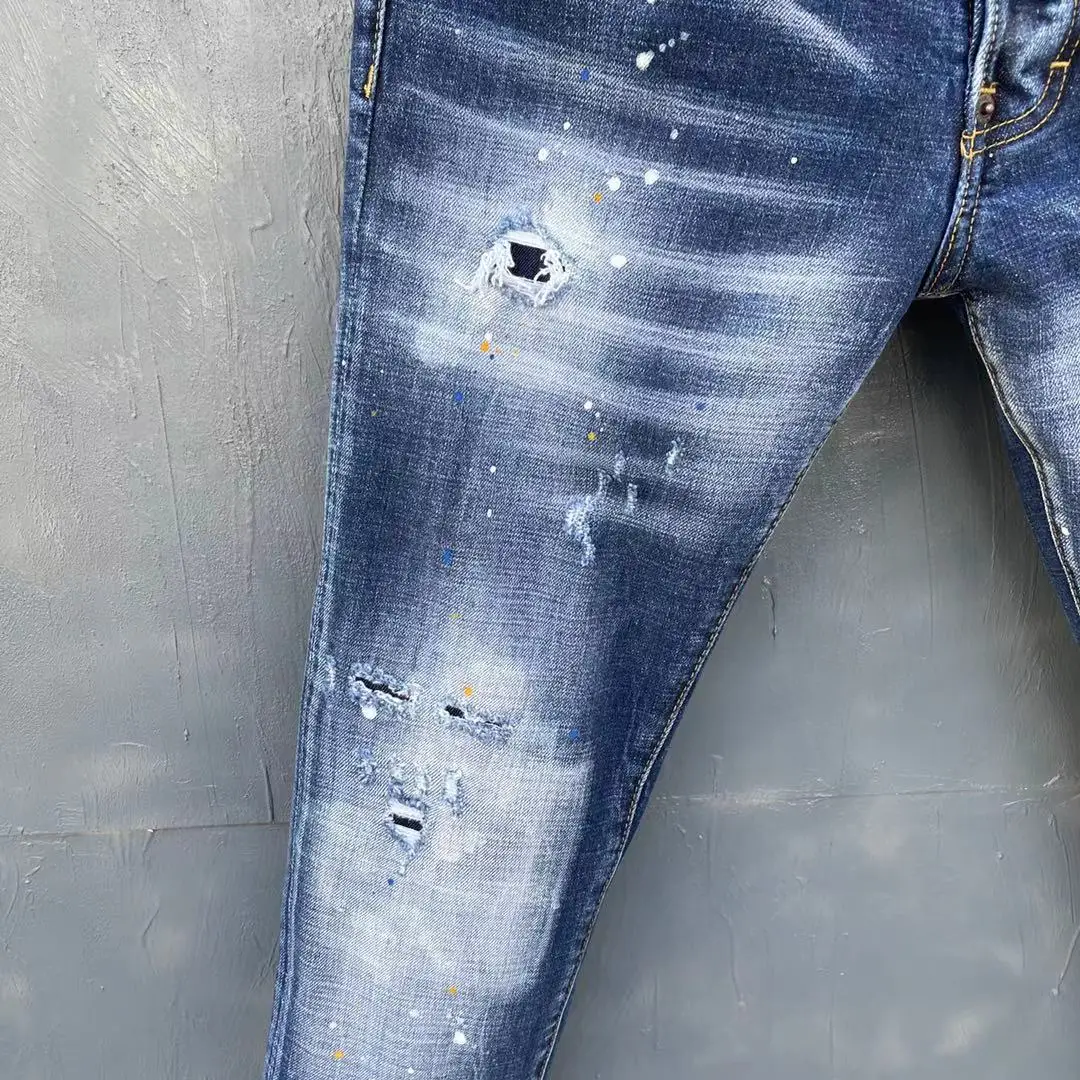 2022 New DSQUARED2 Men's/Women's Jeans Fashion Slim Stretch Washable Hole Patch Paint Splash Ink Pants 037