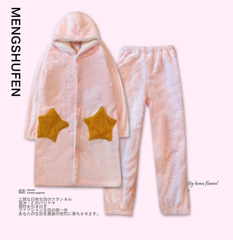 Albornoz largo Kawaii para ni&ntilde;os, conjunto de pijamas de algod&oacute;n, terciopelo, Coral, con dibujos animados, para Oto&ntilde;o e Invierno-5