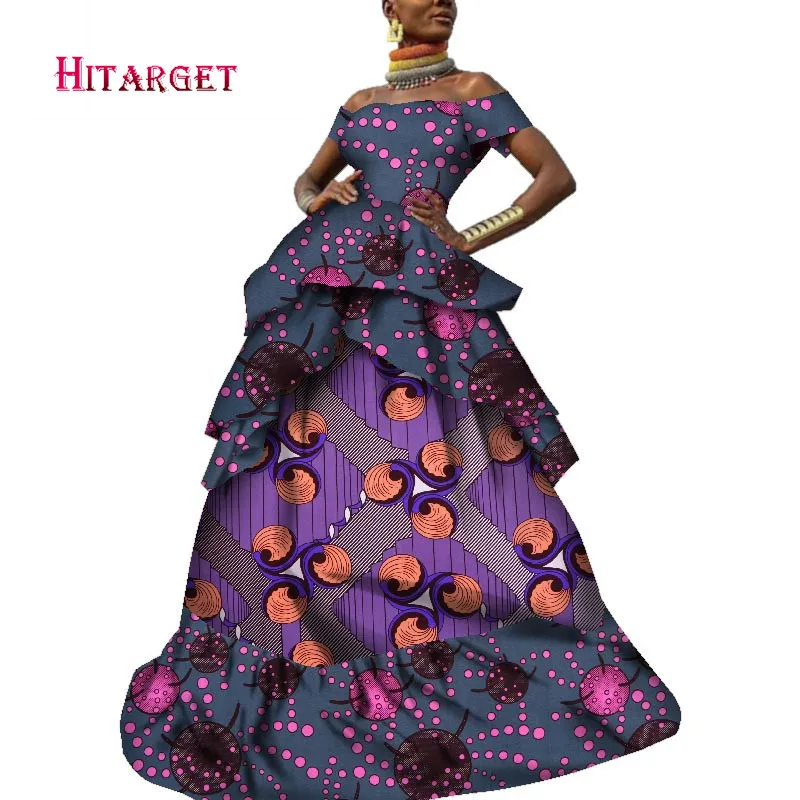 2020 Women African Dress Africa Wax Print Bazin Riche Sexy Off Shoulder Short Sleeves Wedding Party Floor-length Dress WY6153