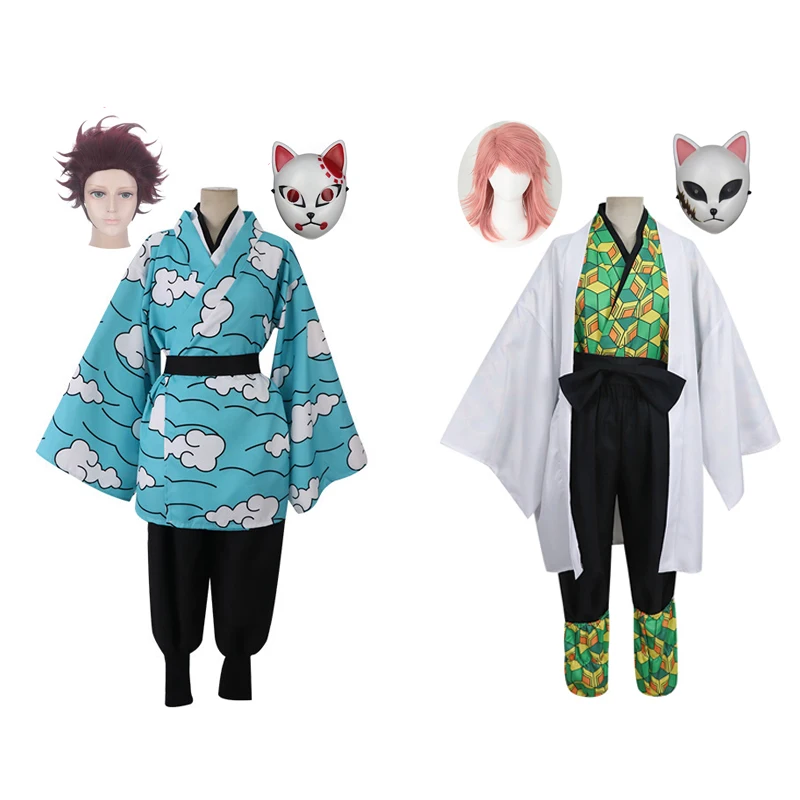 

Slayer Kimetsu No Yaiba Kamado Tanjirou Sabito Cosplay Costume Mask Wig Halloween Funny Costume Height 100-185cm