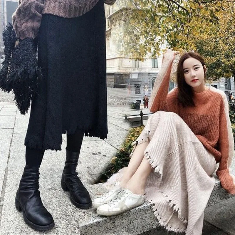 

60-80CM Elastic Band Women Skirts Autumn Winter Warm Knitted Straight Skirt Ribbed Ribbed Mid-Long Skirt Black