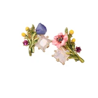 european and american flowers blooming series three dimensional asymmetric poppy fower daisy cut face green leaf stud earrings