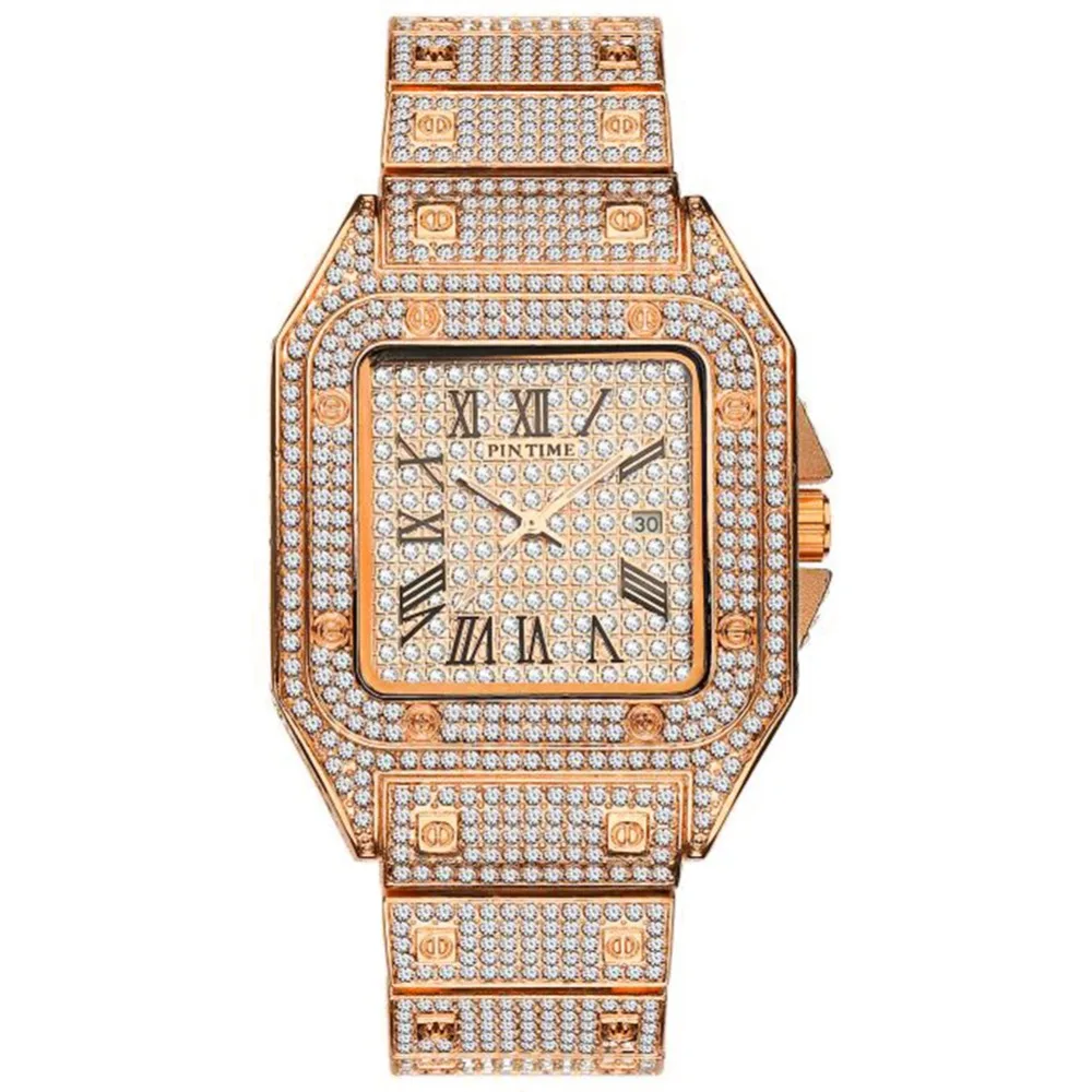 Хип-хоп Iced Out мужские часы с квадратным бриллиантом кварцевые роскошные мужские s наручные часы золотые римские часы с календарем стальные часы Relogio Masculino