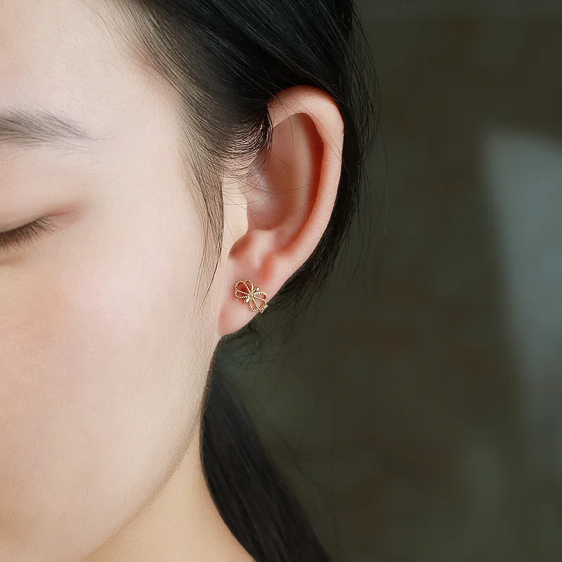 Женские серьги в стиле барокко Цветочная клипса с натуральным желтым золотом 9