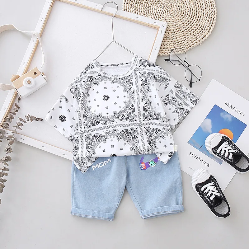 

Kids Summer Clothing Suit 2021 New Personalized Printing Clothes Infant Baby Boys Handsome T-Shirt+Jeans Toddler Girls Clothes