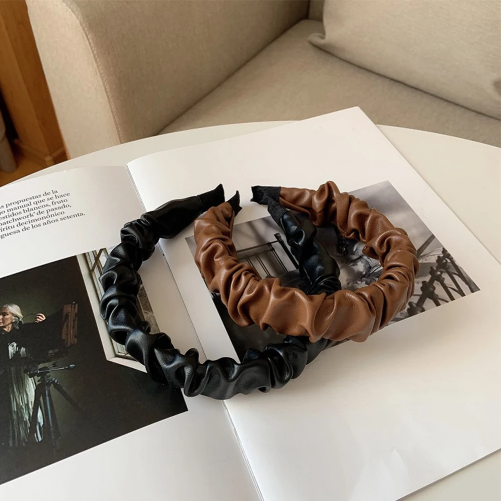 

New Korean Winter Solid Color Hair Hoop Hairbands Headband PU Leather Head Band for Women Hair Accessories Folded