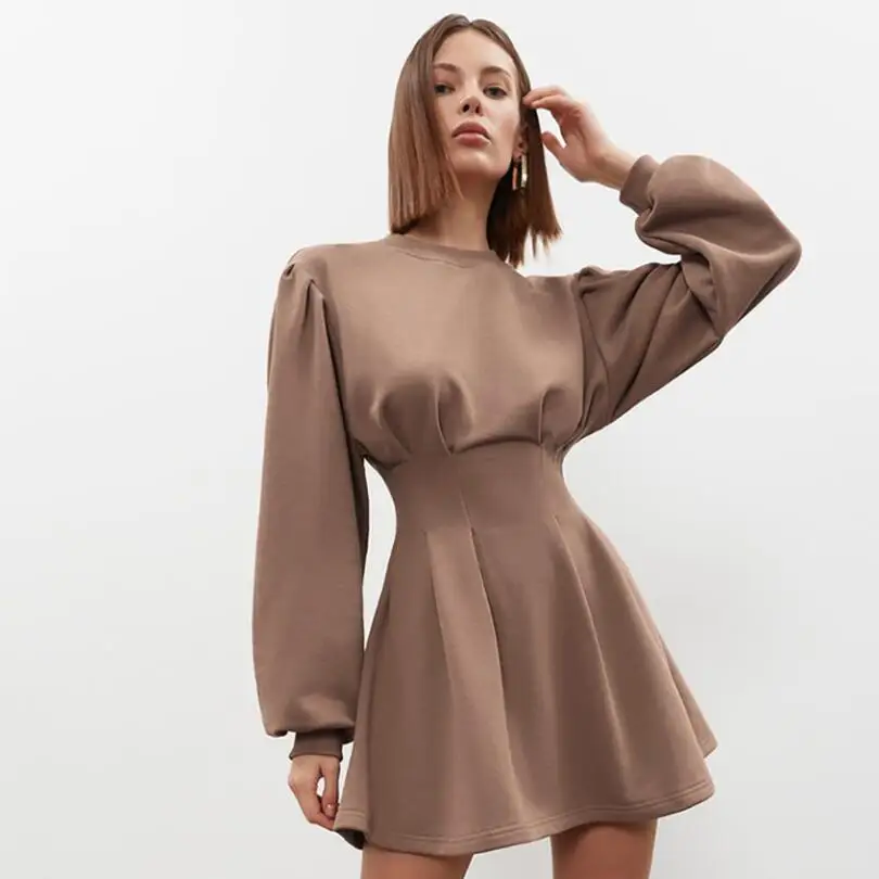

Jersey Tunic Dress Women Elegant Slim A-Line Long Sleeve High Waist Office Mini Dress Pleated Dress Autumn Ladies Dresses p533