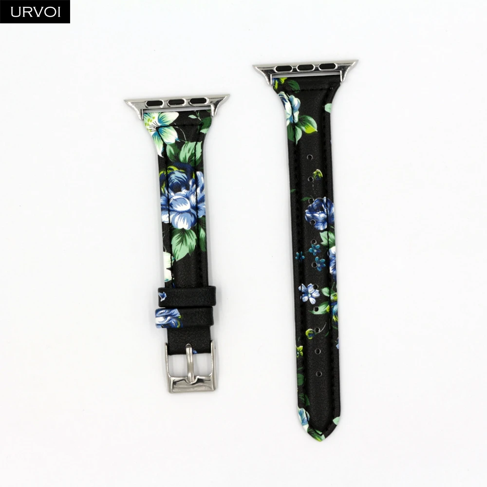 Blue flower URVOI тонкий ремешок для наручных часов Apple Watch, версии 5/4 3/2/1 пояса из натуральной кожи swift кожаный ремешок для наручных часов iWatch, наручные часы Современный для маленьких девочек с рисунком в стиле ремень - Цвет ремешка: Blue flower