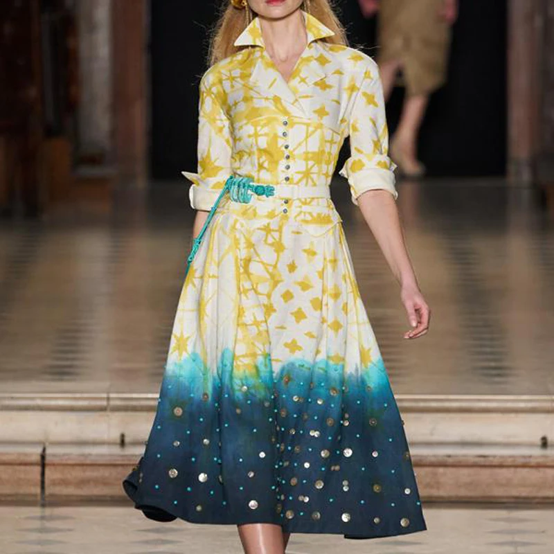 

2021 Summer Runway New Style Bohemian Print Flower Sleeves Waist Belt Slim Temperament Dress High Quality Women'S Clothing