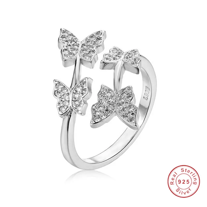 Женское Открытое кольцо в виде бабочки из серебра 100% пробы с изменяемым размером