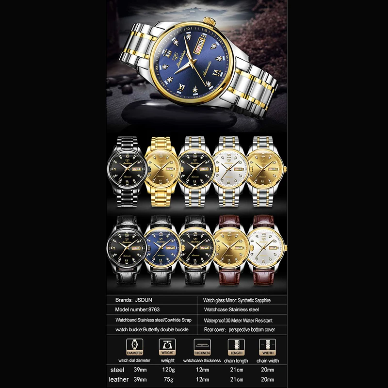 

JSDUN Luxury men's watch 18K gold stainless steel waterproof automatic mechanical self winding mens watch religio masculino