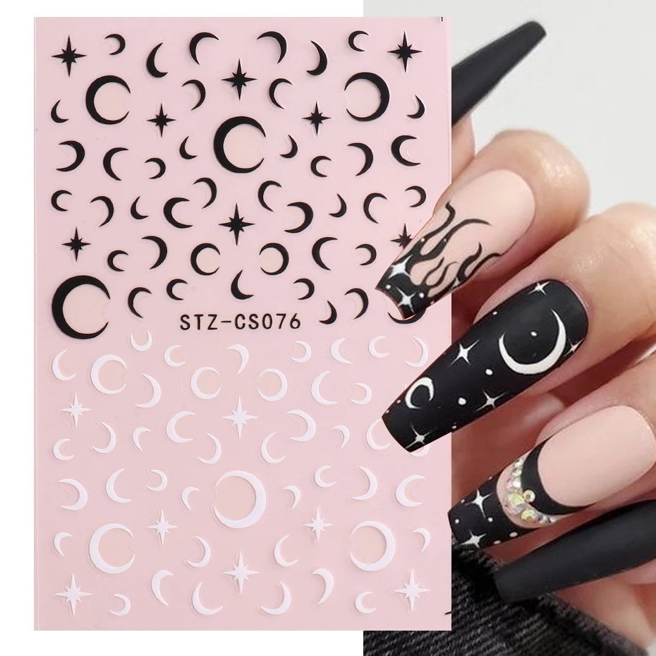 Черно-белые наклейки Star 3D Nail Art Sliders Французский дизайн ногтей Moon Fire Smiling Checkerboard Image