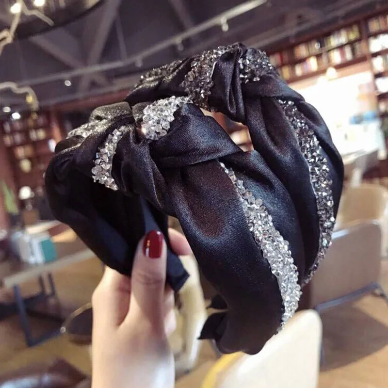 Fashion Bohemian Women Elegant Crystal Black Ribbons Headband Hairbands Hair Holder Turban Accessories Wholesale |