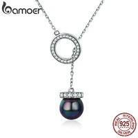 bamoer 100 925 sterling silver circle black shell pearl elegant long chain women pendant necklace silver jewelry scn200