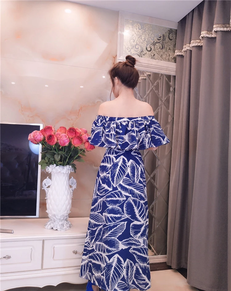 Новая летняя женская одежда с косой вырез оборками Модное Длинное Платье принтом