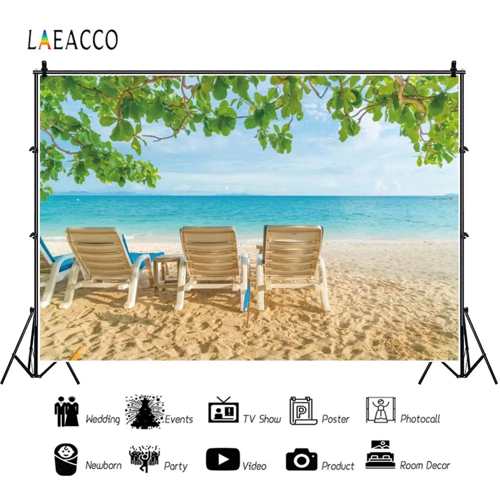Laeacco летние праздничные фотофоны небо облака море пляжные деревья стул для