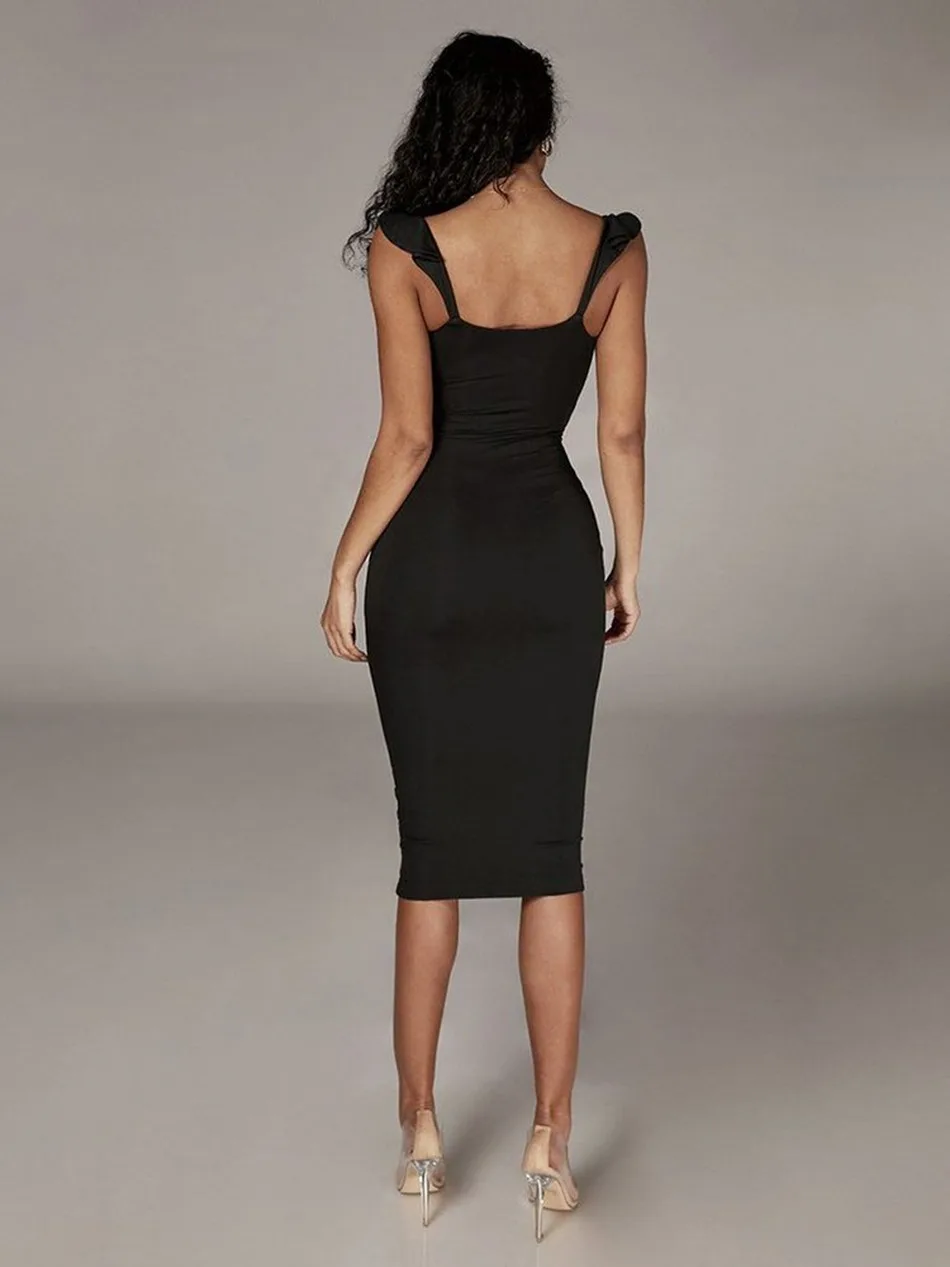 

Ailigou Free Shipping 2020 New Trendy Ruffles Straps Bow Knot Design Sexy Waist Hollow Out Celebrity Party Club Bandage Dress