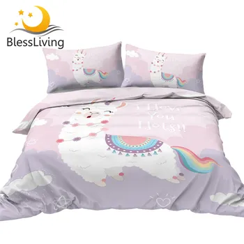 BlessLiving Alpaca Duvet Cover Llama Bedding Set Rainbow Tail Home Textiles Cartoon Animal Bed Cover Set for Kids Cute Bedspread 1