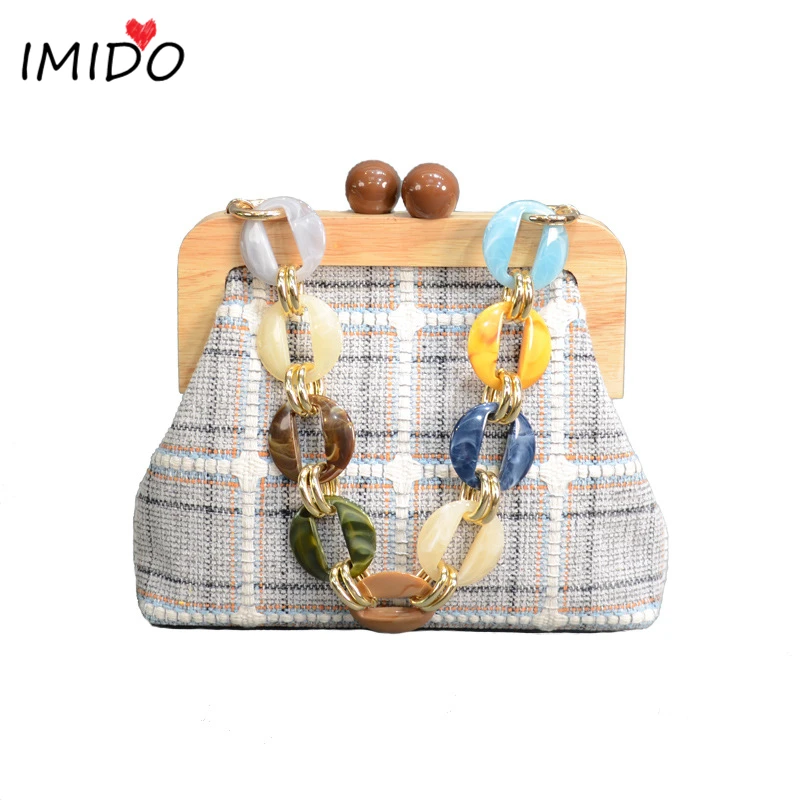 Bolsa de hombro, Сумка с акриловой ручкой, сумка на плечо с цепочкой, холщовая, в полоску, с деревянным зажимом, через плечо, сумки-мессенджеры для женщин